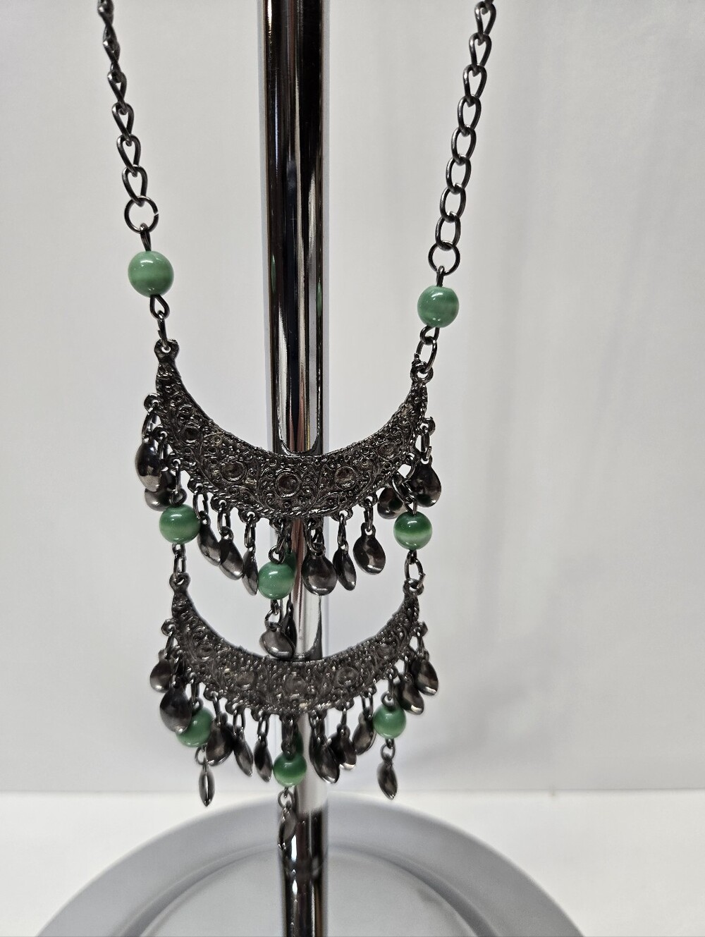 Green Bead Gunmetal Double Crescent Pendant Necklace